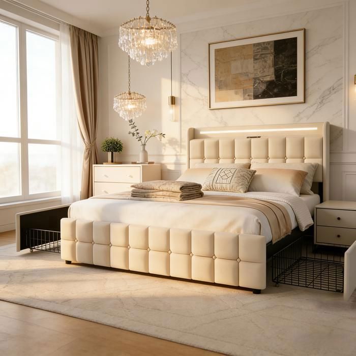 Cama con almacenamiento de 180x200cm - MSUIINT - Lino beige - LED, USB y enchufes, 4 cajones de almacenamiento, estructura de láminas metálicas