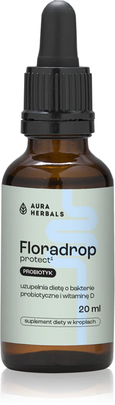Aura Herbals Floradrop Protect Probiotic voedingssupplement met probiotica ter versterking van het immuunsysteem en de spijsvertering.