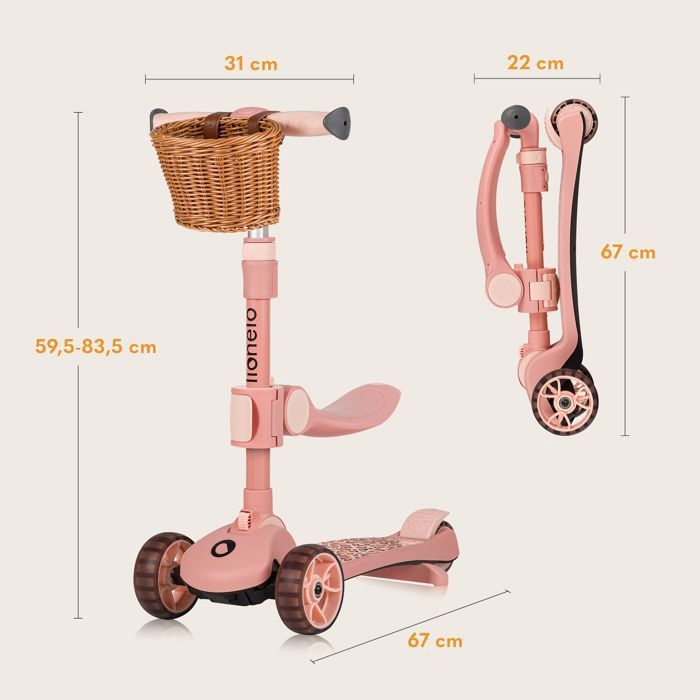 LIONELO Franky children's balance bike/scooter with helmet - Light-up wheels - Up to 50 kg - Basket - Foldable - Pink