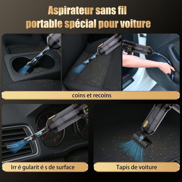 Aspiradora de mano - 27000 PA - Recargable - Inalámbrica - 3 velocidades - Para coche, mascotas y hogar
