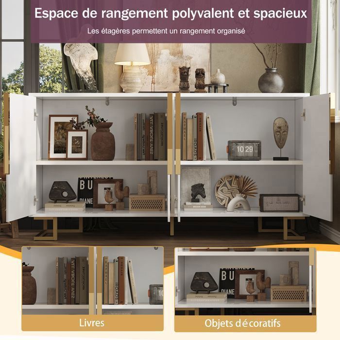 Aparador de comedor de 152 cm - 2 puertas y 4 compartimentos de almacenamiento - Antivuelco - Diseño geométrico 3D - Blanco Aparador de salón