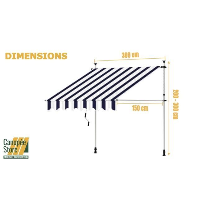 Toldo manual de 300 x 150 cm - No requiere perforación - Ajustable con manivela - Azul y blanco