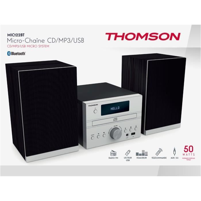 Micro-chaîne THOMSON MIC122BT - Lecteur MP3/CD/USB Bluetooth 50W - 30 stations - Technologie Bass Boost - Gris