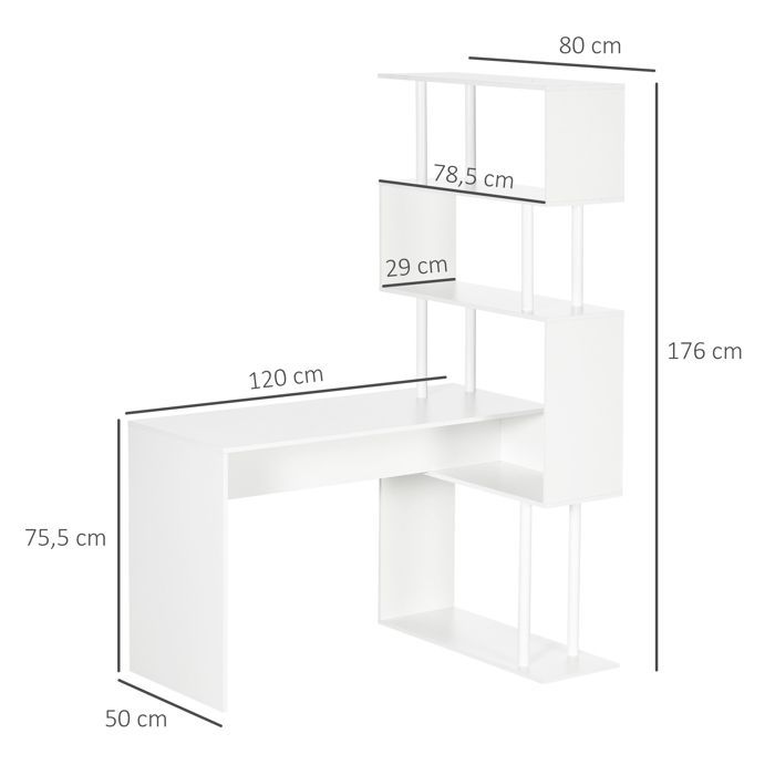 Corner desk - HOMCOM - with L-shaped storage shelves for study, office, or work - wood - 120x80x176cm - white