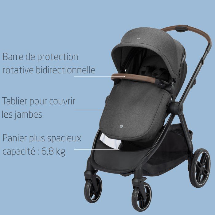 MAXI-COSI Poussette 3 en 1 Zelia S Trio2, Nacelle+Siège auto Cabriofix S iSize+Sac à langer+habillage pluie, 0-22Kg, Dark grey