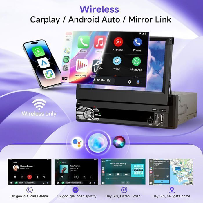Radio para coche Android de 1 DIN con pantalla retráctil de 7