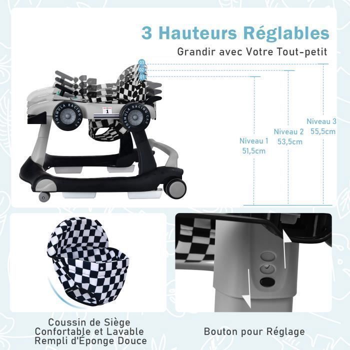 Andador plegable 4 en 1 para bebés COSTWAY - Altura y velocidad ajustables - Caja de música con luz - De 6 a 18 meses - Ruedas silenciosas - Negro/Gris