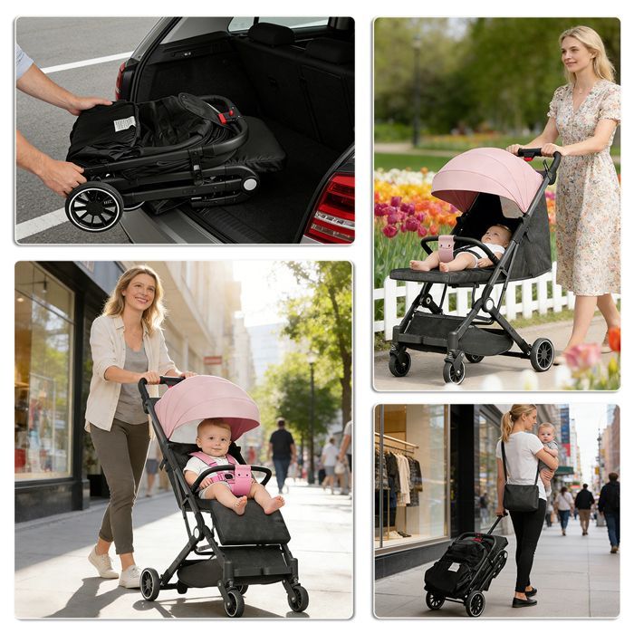 Poussette Canne Compacte, Bébé jusqu’à 22 kg, Ultra Légère, Pliage Automatique, Dossier Inclinable, Format Cabine Avion Rose