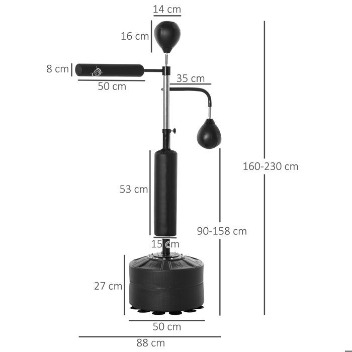 Saco de boxeo independiente - HOMCOM - Bola de boxeo 4 en 1 con barra giratoria de 360°, altura ajustable de 160 a 230 cm - Acero - Negro