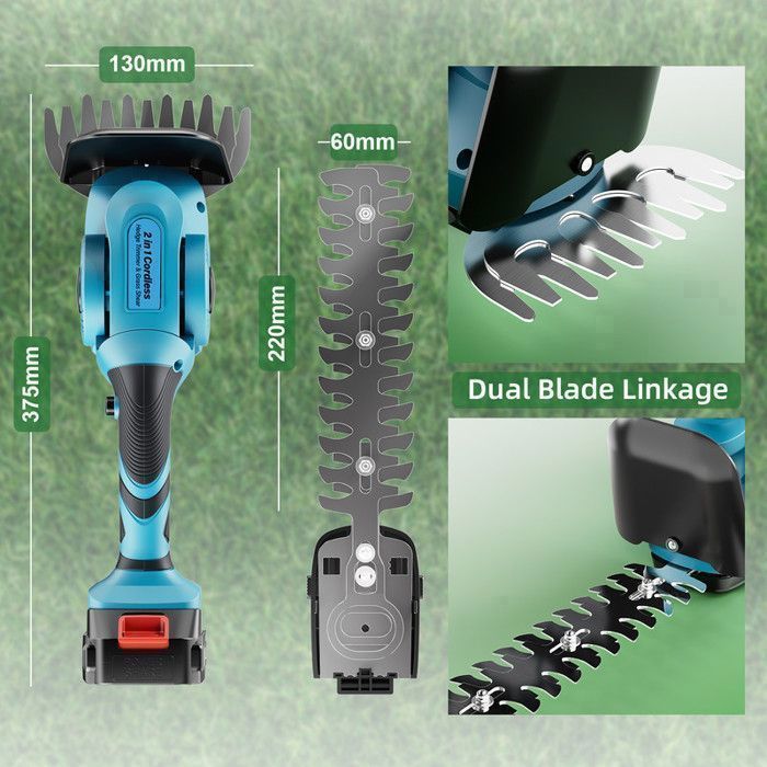 Cortasetos eléctrico inalámbrico 2 en 1 - Cortasetos cortos - Tijeras de césped recargables con batería, 2 cuchillas y cargador.