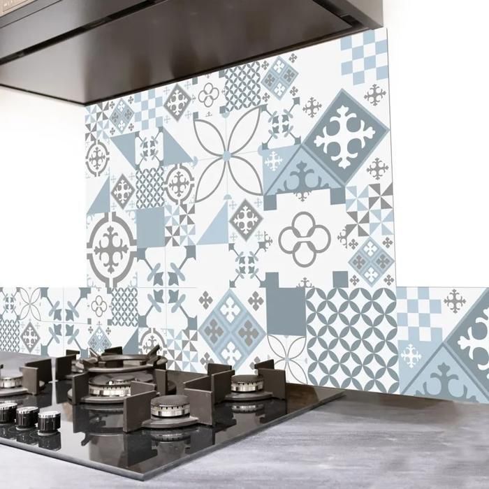 Fond de hotte en aluminium - effet carreaux de ciment bleu - 70x60 cm - 99 Déco