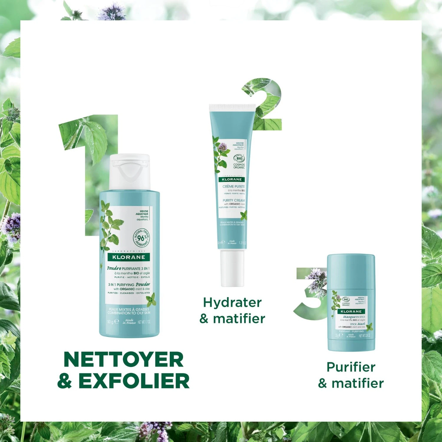 Klorane Poudre purifiante 3 en 1 à la Menthe aquatique BIO