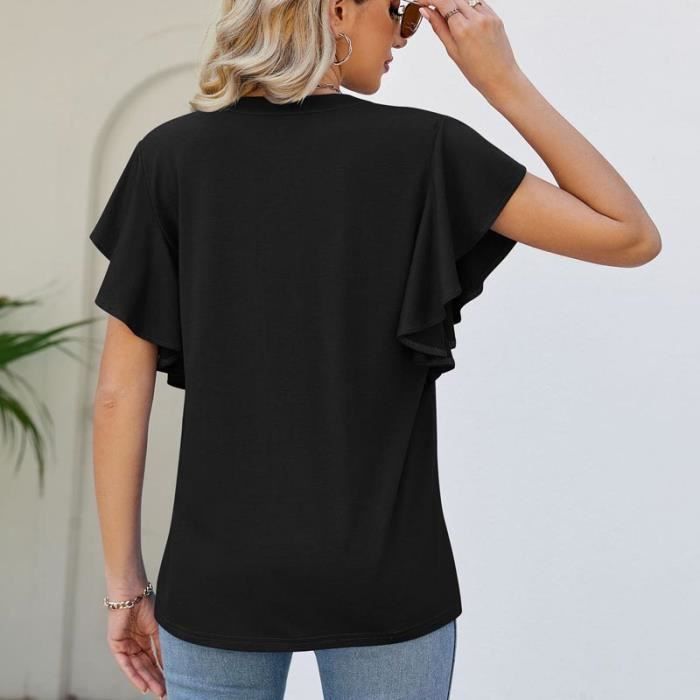 T-Shirt Femme Ete Manches Courts Col V Casual Tee Shirt Tops Manches à Volants Couleur Unie - Noir