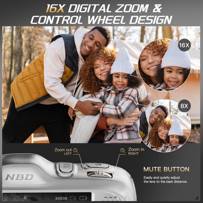 Appareil photo numérique 4K 64 MP pour la photographie avec autofocus, zoom 16x, design compact, inclut une carte SD 32 Go,Blanc