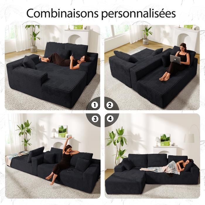 Divano angolare sinistro 263x171x59cm, 4 posti, forma libera, non richiede montaggio, divano a L con chaise longue, velluto a coste nero