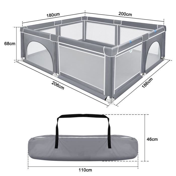 Parc pour bébé - XMTECH - 200 x 180 x 68 cm - Grille de protection - Base antidérapante