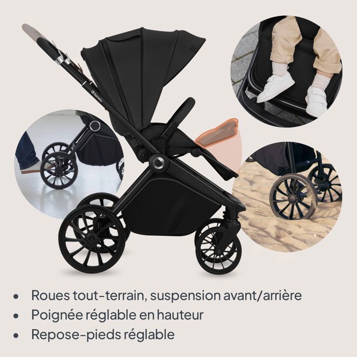 LIONELO Mika Plus 2-in-1 Travel System - Birth up to 22kg - Duo Stroller Pack, Carrycot and Accessories - Black