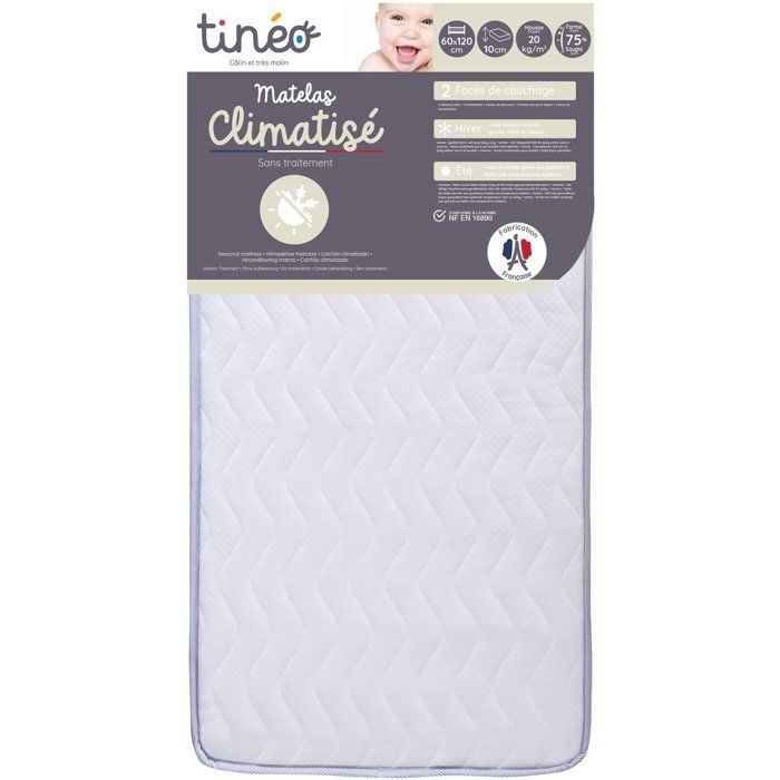 Materasso TINEO a temperatura controllata 60x120x10cm - Materasso per neonati - Climatizzato - 1 lato estivo - 1 lato invernale - Non trattato - Prodotto in Francia