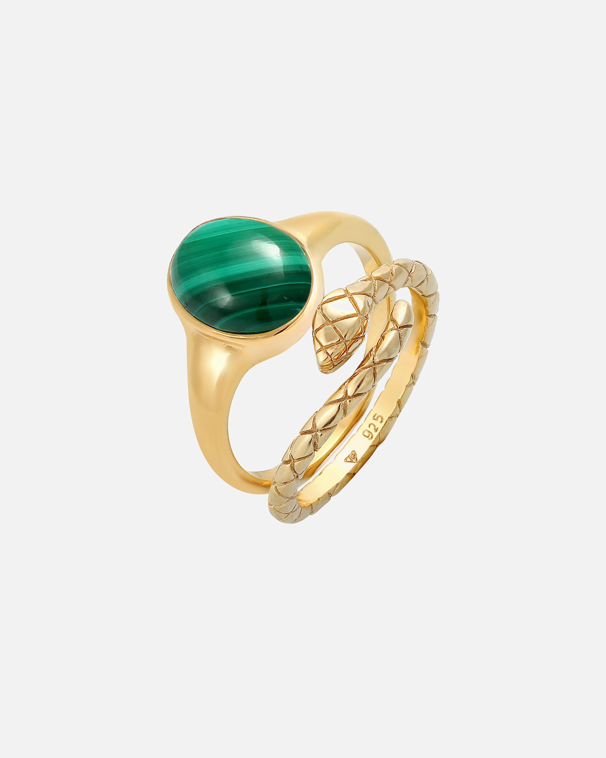 Elli PREMIUM Parure pour dames Bague Signet Malachite Serpent Trend Blogger en argent sterling 925 plaqué or