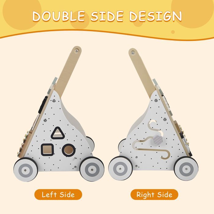 Girello in legno Montessori con centro attività e ruote gommate, ausilio stabile per bambini piccoli, giocattolo in legno