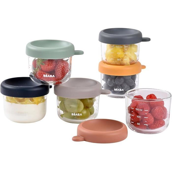 Tarros de vidrio para almacenar comida de bebé de 6 porciones / Vidrio duradero, 100% hermético, resistente al calor y al frío, TARROS DE ALMACENAMIENTO