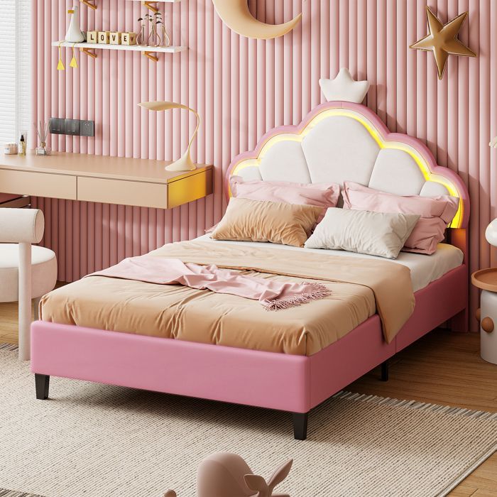 Letto per bambini - EIFSON - Letto da principessa - 90x200 cm - LED - Flanella - Rosa