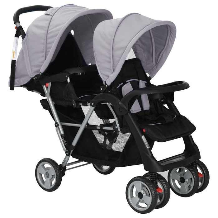 Poussette double VIDAXL en acier gris et noir avec auvents pliants et grand panier