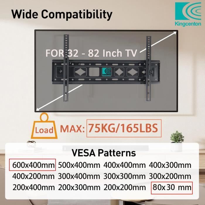 KINGCENTON – Universelle TV-Wandhalterung – Schwarz – C53 – 40–80 Zoll Bildschirmdiagonale – Neigbar – Max. 75 kg – VESA 600 x 400 mm