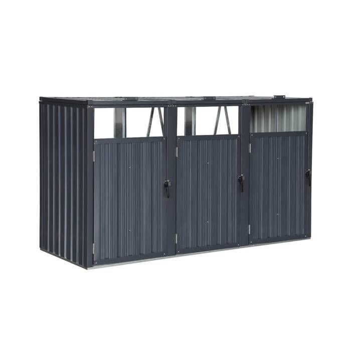 Contenitore per bidoni in acciaio zincato grigio. 3 scomparti. L 219 x P 82 x H 124 cm