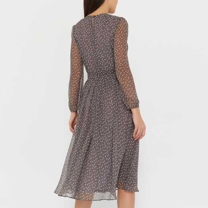 Robe mi-longue en mousseline De soie pour femme tenue élégante imprimé à pois Gris