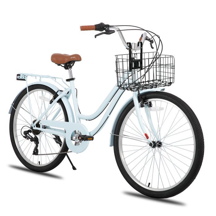 HILAND 26-inch City Bike - 7 Speeds, Dual Safety Brakes, Low Frame, Mudguards and Luggage Rack, Blue