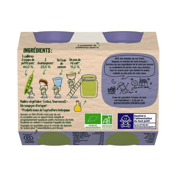 Babygläschen mit Erbsen, Champignons und Reis – BLEDINA – Bio-Ernten – Feine Konsistenz – Ab 8 Monaten