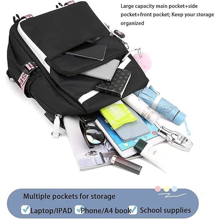 Sac à Dos pour Enfants, Sac à Dos d'école, Sac à Dos Scolaire pour Filles, Avec USB et Joli Motif de Dessin , Bleu+Noir,30