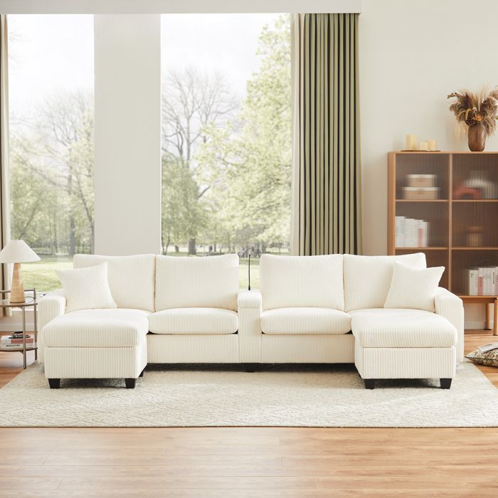 Ausziehbares U-förmiges Ecksofa mit Fußstütze, Stauraum, Leselampe, Getränkehaltern und USB-/Typ-C-Anschlüssen, beige