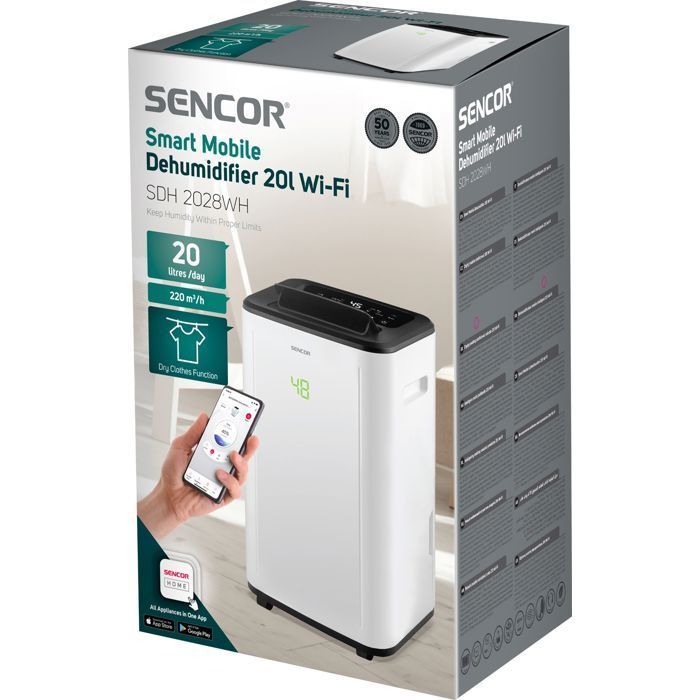 Deshumidificador portátil inteligente SENCOR SDH 2028WH - 360 W - 20 L/día - Depósito de 6 L - 2 velocidades - Blanco