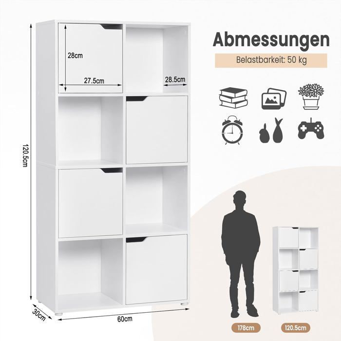 WOLTU Bibliothèque Étagère, Meuble de Rangement, 8 Cubes de Rangement, 4 Portes, en Bois d'Ingénierie, 60x30x120cm, Blanc W0ATT0296