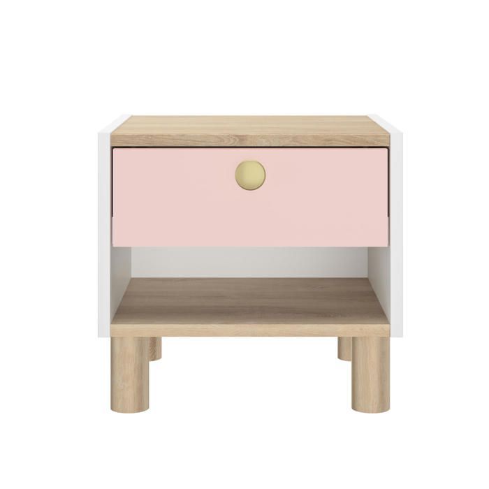Comodino bianco con 1 cassetto e nicchia effetto legno di rovere con maniglia dorata.