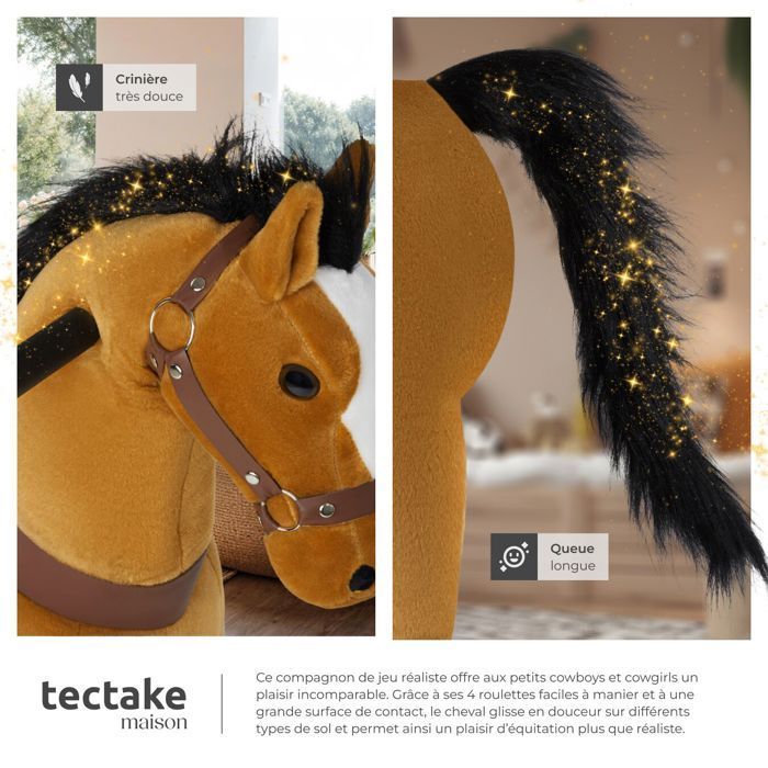 Juguete infantil - TECTAKE - Caballito balancín con ruedas, poliéster y acero, 34 x 89 x 100 cm - Marrón claro