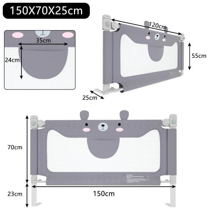Barrière de lit réglable en hauteur 150 cm - Protection anti-chute - YRHOME - Pour bébé et enfant (ourson)