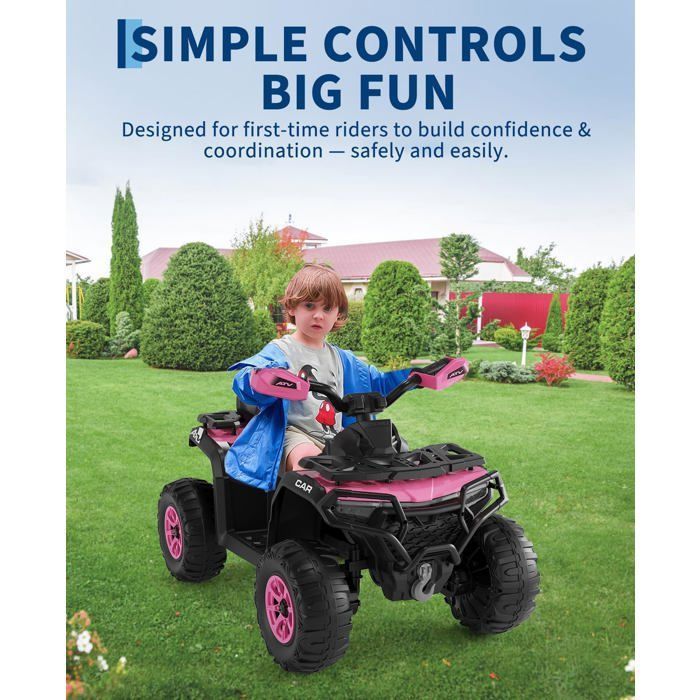 Coche eléctrico quad de 12 V - 2 motores de 35 W, mando a distancia parental, luces LED, música, Bluetooth, USB, bandera luminosa, a partir de 3 años - Rosa