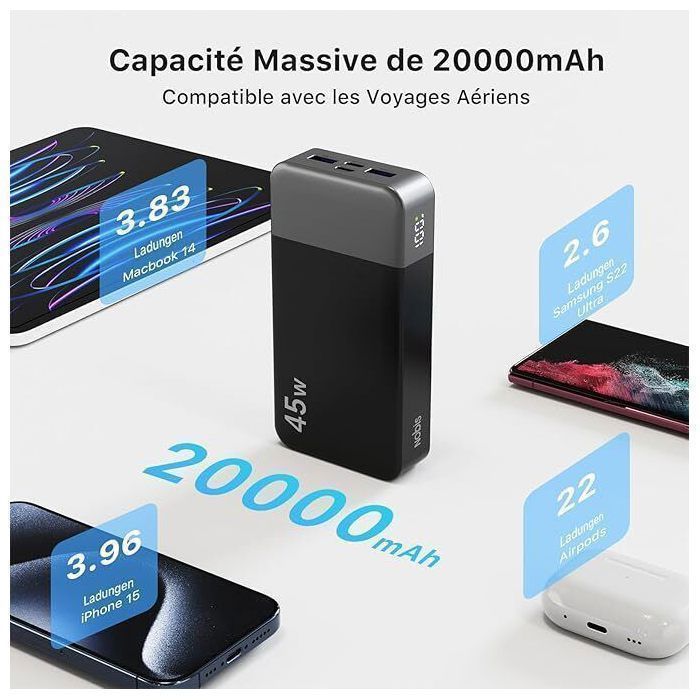 Nobis 20000mAh 45W externe batterij, powerbank met 4 poorten, snelladen, digitaal led-display, compatibel met MacBook en telefoons, zwart
