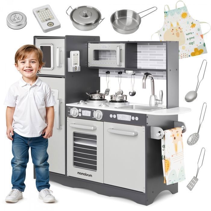 Cuisine pour enfants - MAMABRUM - Cuisine enfant en Bois LED - 93x30x83 cm - Éclairage LED - Ustensiles inclus