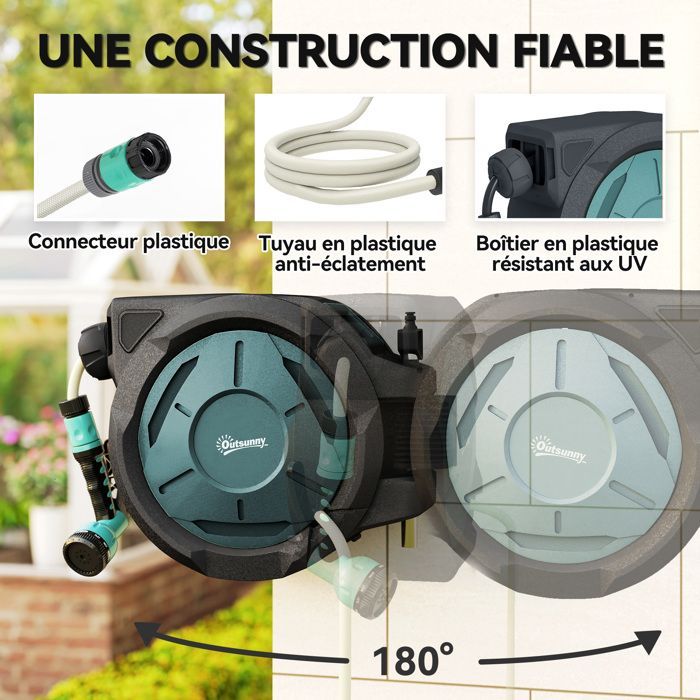 Wall-Mounted Hose Reel - Outsunny - 25m x 15mm Diameter - Automatic Retractable, 180° Swivel - 7-Mode Nozzle - Green