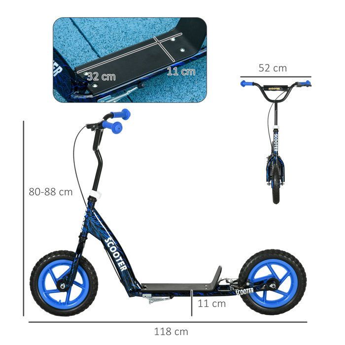 Patinete infantil - AIYAPLAY - Patinete para niños de 6 a 12 años, ruedas grandes de Ø 30 cm, caballete y freno - Acero - Azul