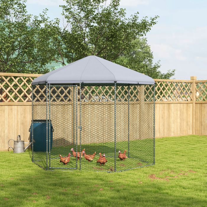 Recinto per pollaio - PawHut - voliera/canile esagonale 5 m² in rete metallica zincata - acciaio - 5-8 polli - argento