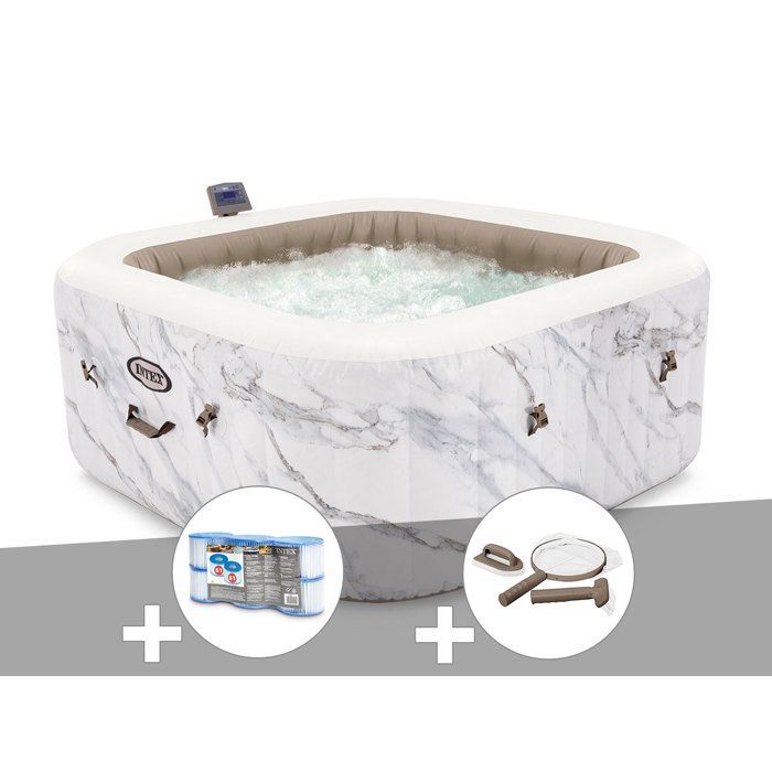Jacuzzi inflable cuadrado Intex PureSpa Calacatta con burbujas, capacidad para 4 personas + 6 filtros + kit de mantenimiento