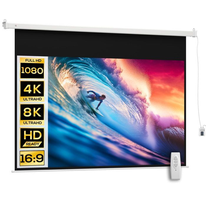 Pantalla de proyección HOMCOM de 100 pulgadas, formato 16:9, resolución 4K HD, motorizada, para montaje en pared/techo, de acero, color blanco.