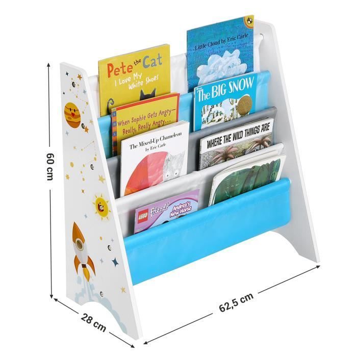 Estantería infantil SONGMICS, estante de almacenamiento para libros, con kit antivuelco, 62,5 x 28 x 60 cm, estampado espacial, blanco.