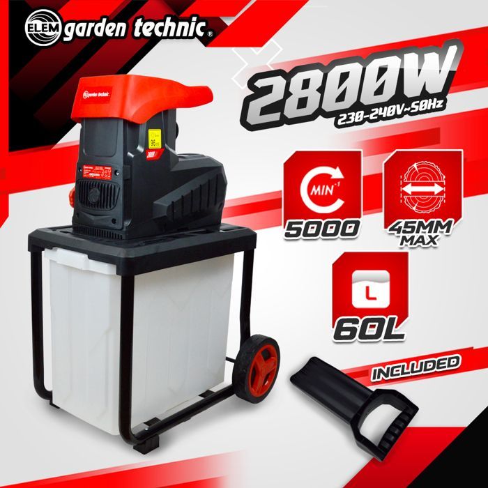 Trituratore da giardino - ELEM GARDEN TECHNIC - 2800W - Silenzioso - 45mm - Contenitore di raccolta da 60L