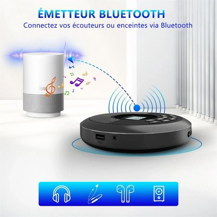 Lecteur CD Portable Bluetooth Noir - Haut-Parleurs Intégrés, USB, Batterie 1500mAh, Anti-Choc, HIFI, Compact - 145x145x30mm